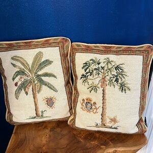 Two’s Company Set of  2 Needlepoint Palm Tree Design & Heraldic Crest Pillows